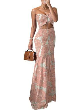 Women's Pink Floral Printed Halter Tie Ruched Shirred Ruffle Hem Dress